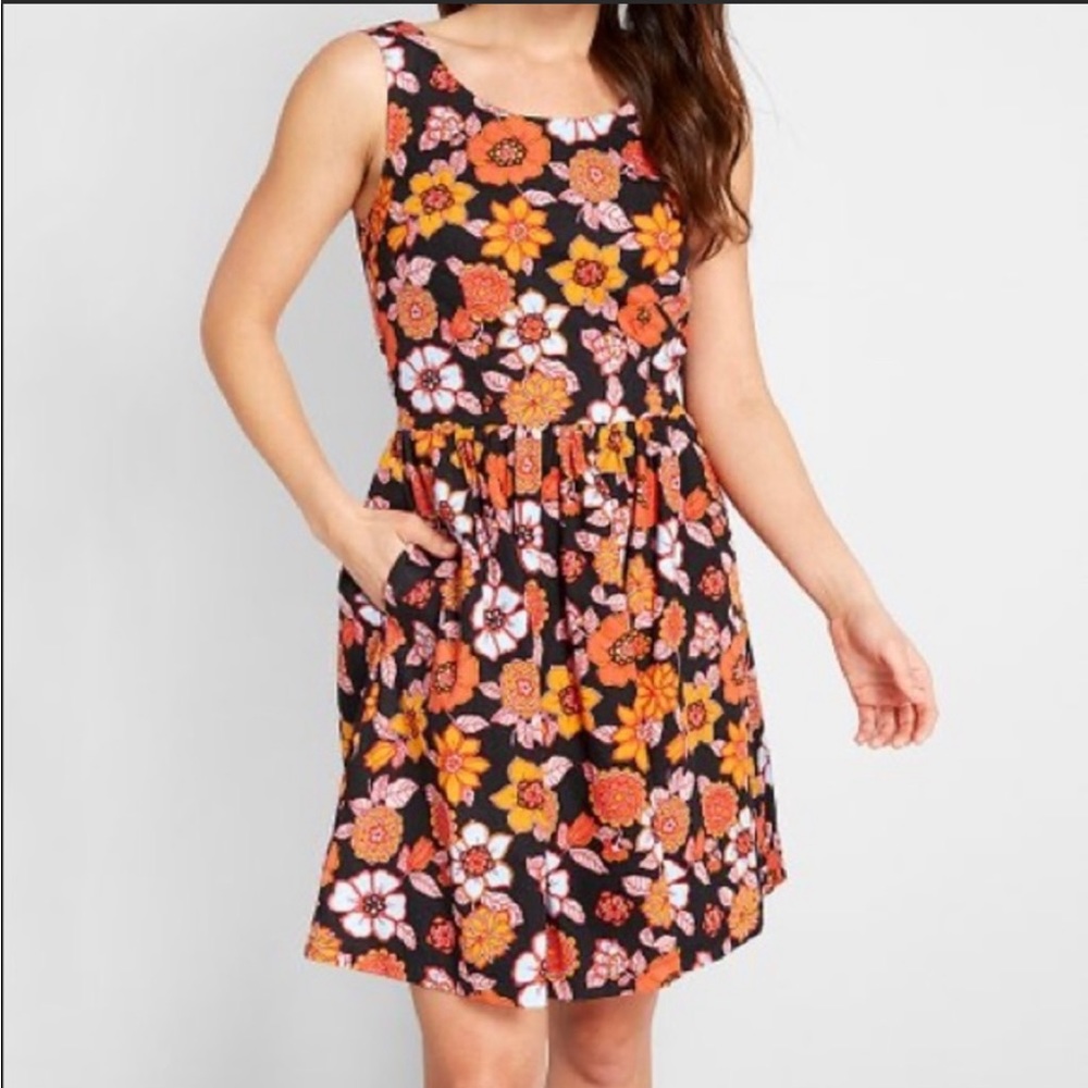 Modcloth Optimistic Effect Sleeveless A-Line Dress Black & Orange Floral - XL